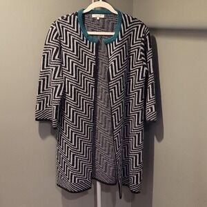 Cocogio Open Front Zig Zag Long Wool Blend Cardigan, Size L, Gray Black Teal